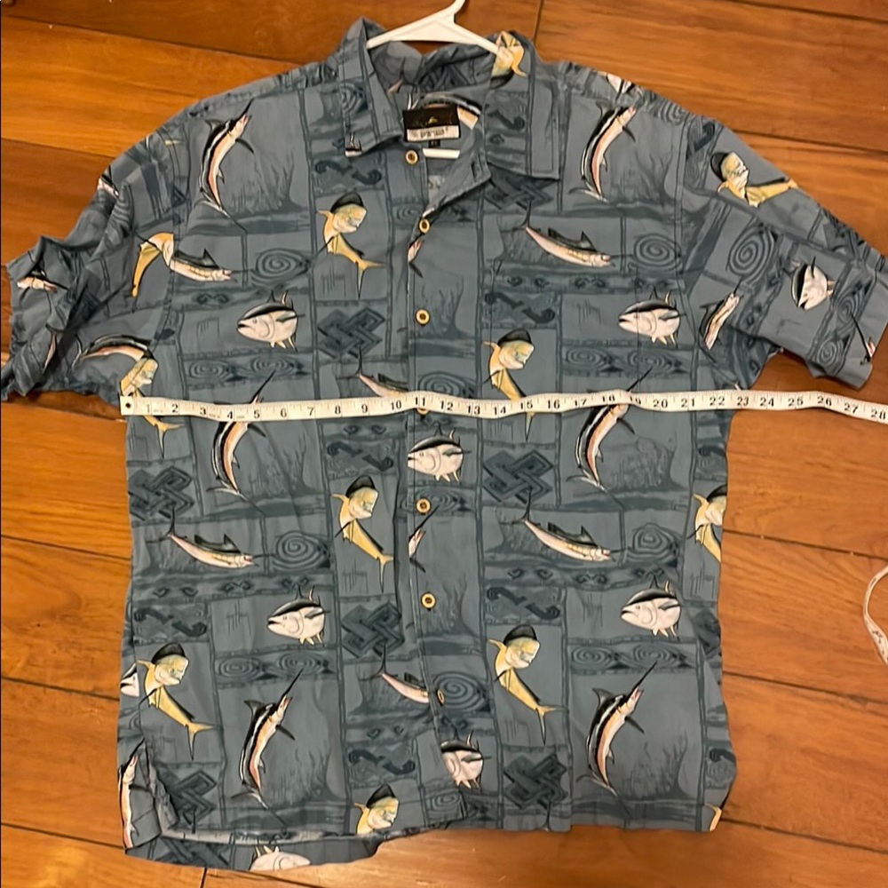 Reyn Spooner Teal and Yellow Fish Print Shirt